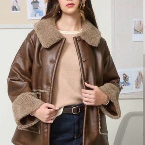 Blu Pepper Brown Vegan Leather Jacket with Shearling Trim